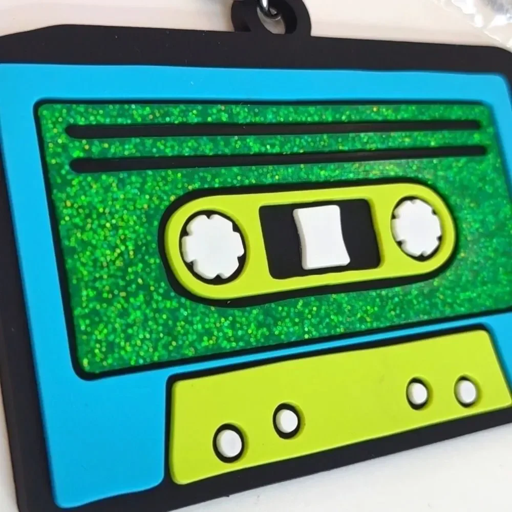 Retro Cassette Tape Key Chain Green Blue Black Glitter Soft Plastic 80s